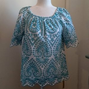 Chico's turquoise embroidered blouse sz 0